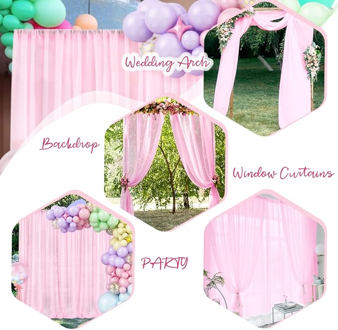 PARTISKY 10x10ft Pink Chiffon Sheer Backdrop Curtains, Wrinkle-Free Wedding Backdrop Drapes for Birthday Party Ceremony Arch Stage Decor Background for Photography 5x10ft,2 Panels