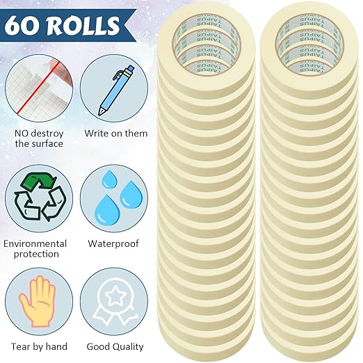 Masking Tape Bulk General Purpose Masking Painting Tape 55 Yards for Painting Home Office School Stationery Arts Crafts Basic Use, Easy Removal(60 Rolls,1 Inch)