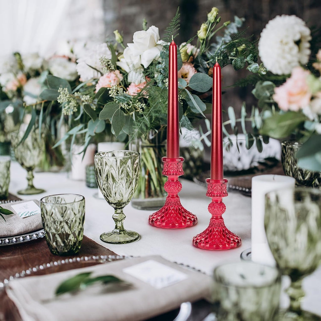 Glass Candle Holder, 2PCS Decorative Candle Sticks Pillar Candle Stand for Formal Events Wedding Party Table Centerpieces Home Decoration, Red