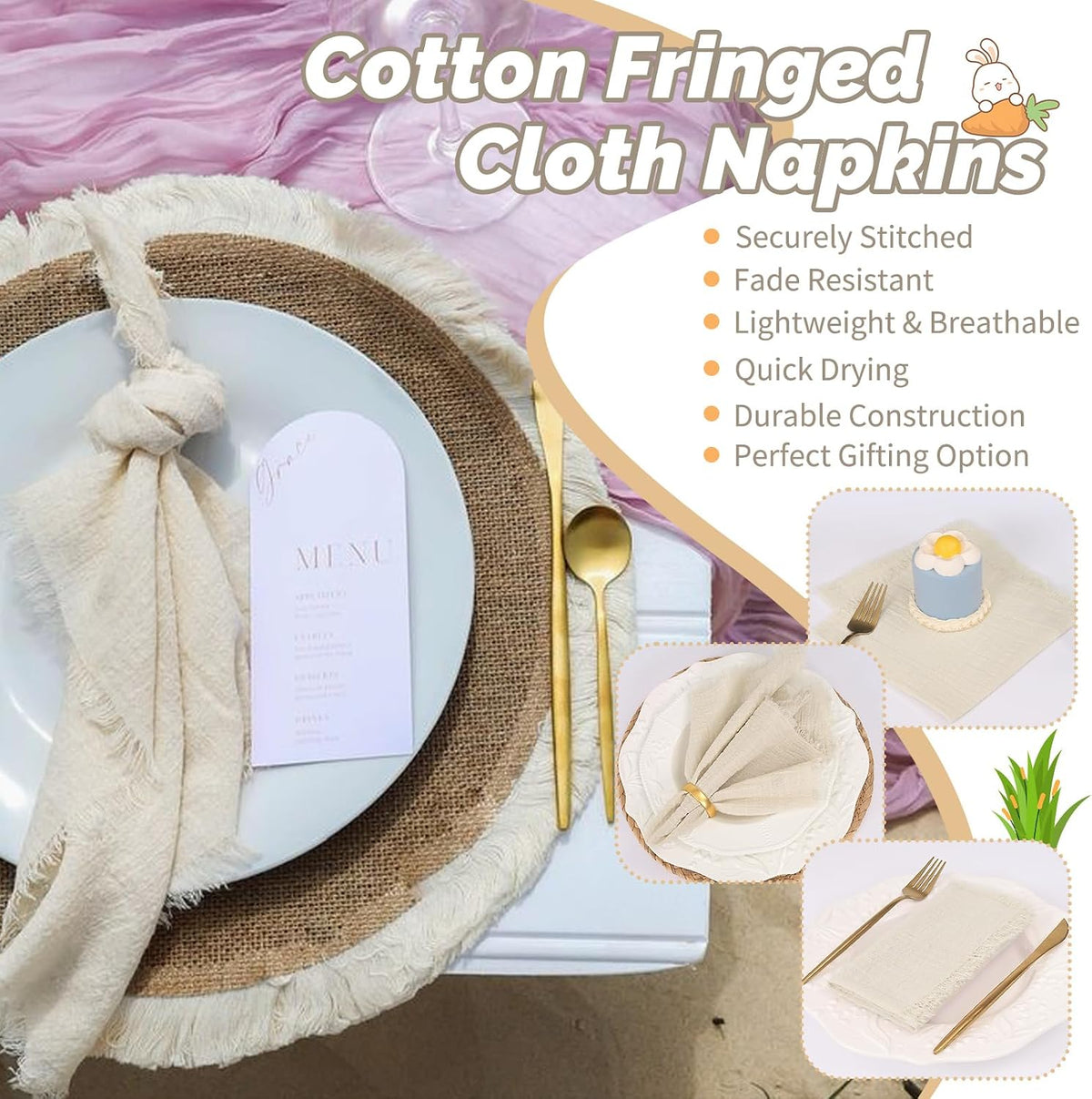 Showgeous 60 Pack Natural Cloth Napkins with Fringe, 16x16 inch 100% Cotton