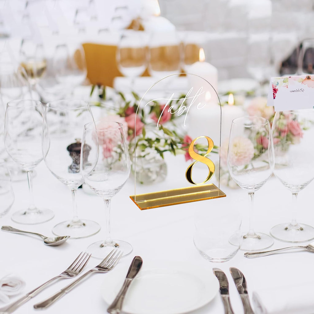 HOODO Clear Arch Wedding table numbers 1-15 with Stands, 5"x7" Arched Acrylic Signs with Gold Mirror Numbers, Clear and Gold Acrylic Table Numbers for Wedding Reception, Party, Anniversary, Event