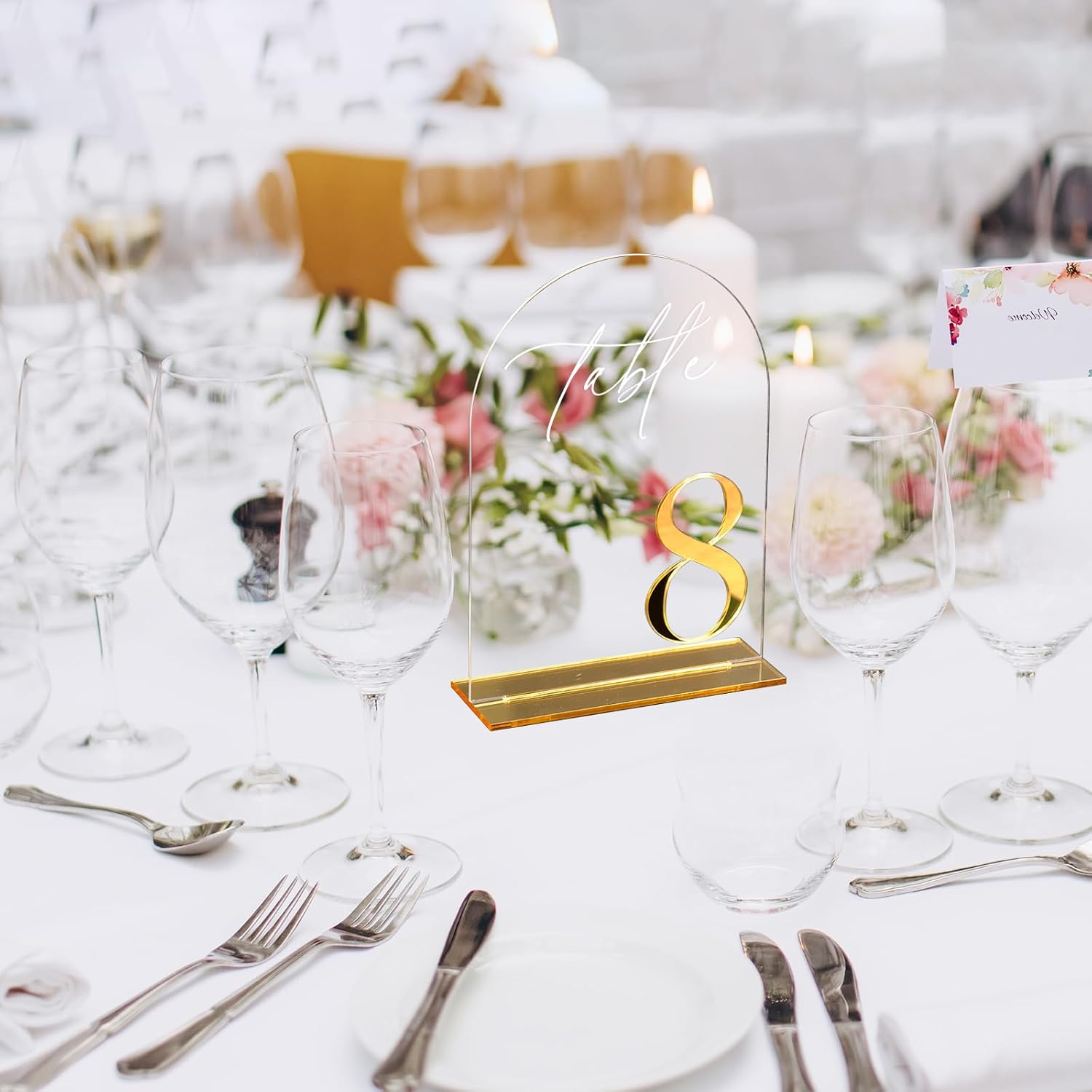 HOODO Clear Arch Wedding table numbers 1-10 with Stands, 5"x7" Arched Acrylic Signs with Gold Mirror Numbers, Clear and Gold Acrylic Table Numbers for Wedding Reception, Party, Anniversary, Event