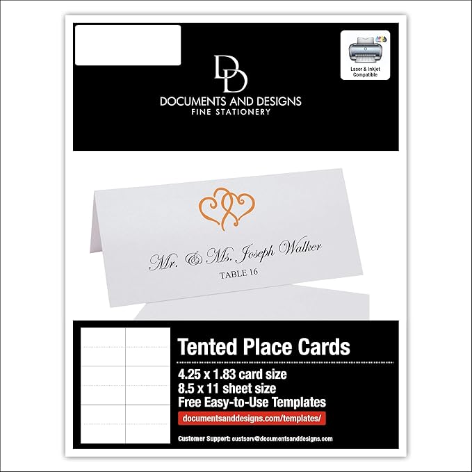 Linked Hearts Printable Place Cards, Orange (Choose Color), Set of 150 (25 Sheets), Laser & Inkjet Printers - Wedding, Party, Dinner, and Special Events - Made in the USA