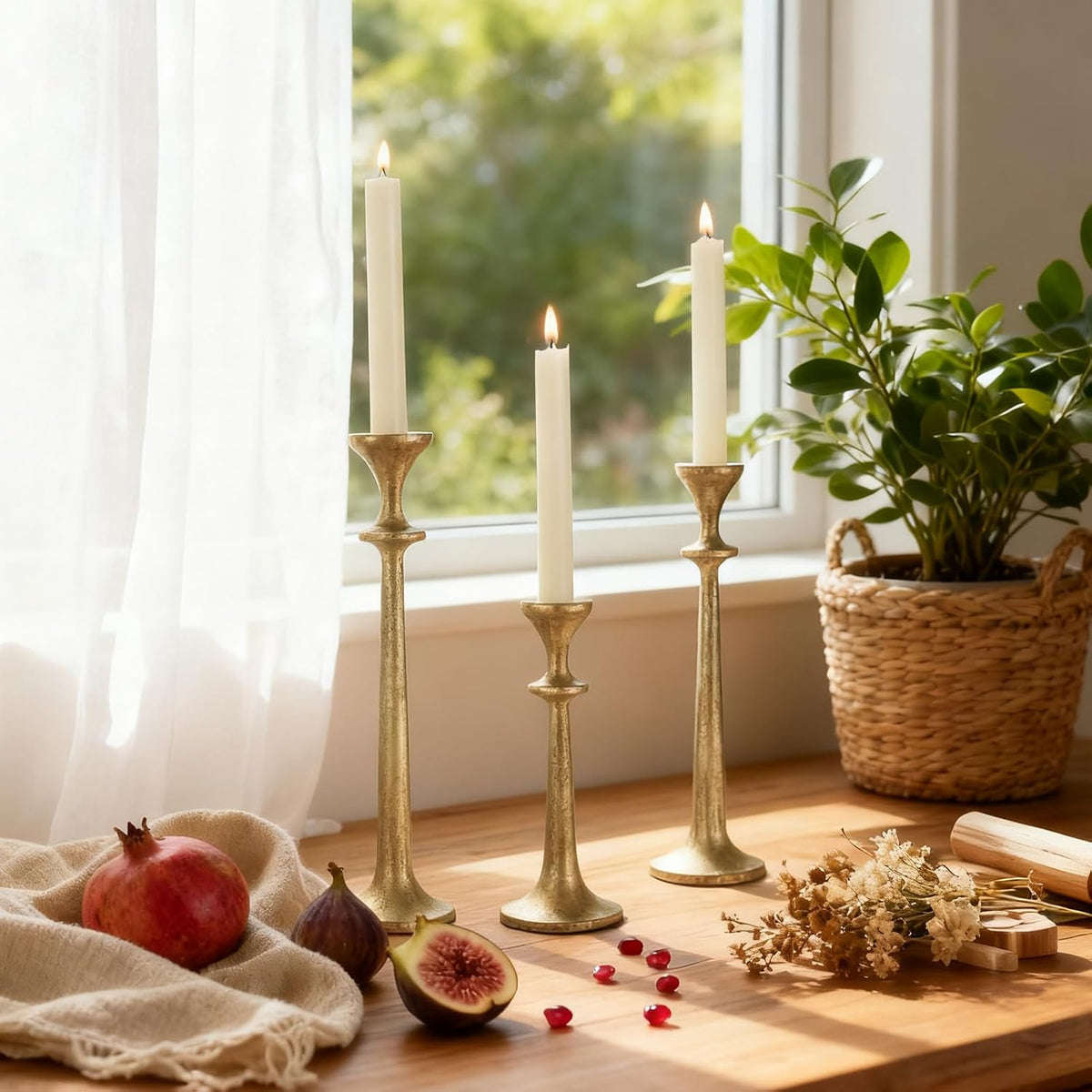 Gold Taper Candle Holders Set of 3 Heavy Cast Iron Antique Brass Candlestick ...