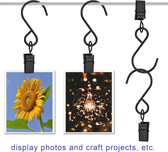 Stainless Steel S Hooks Curtain Clips, 50 Pack Hanging Party Lights Clips, Hangers Gutter Photo, Art Craft Display, 3 Inch Long, Black