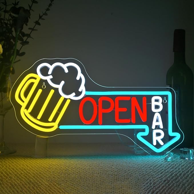 Ineonlife Bar Open Neon Sign Light Up for Wall Decor Cold Beer Led Sign for bar Small Acrylic Art Decor for restaurant business club party man cave Decorations 16.53x9.45 inch USB POWER