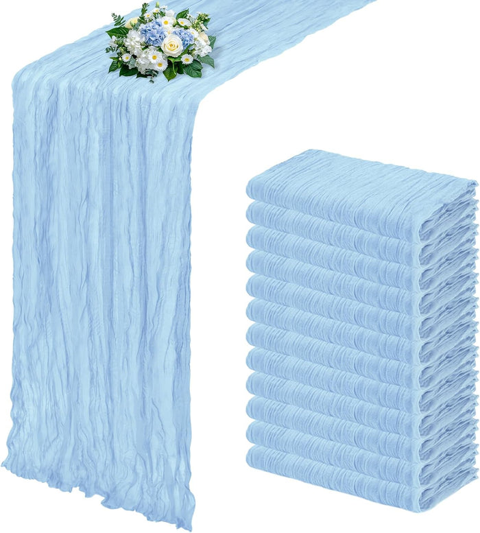 12 Pack Baby Blue Cheesecloth Table Runner 17x108 Inch Semi Sheer Boho Gauze Cheese Cloth Fabric Table Runners, for Wedding Party Baby Shower Birthday Home Decor Garden Farmhouse