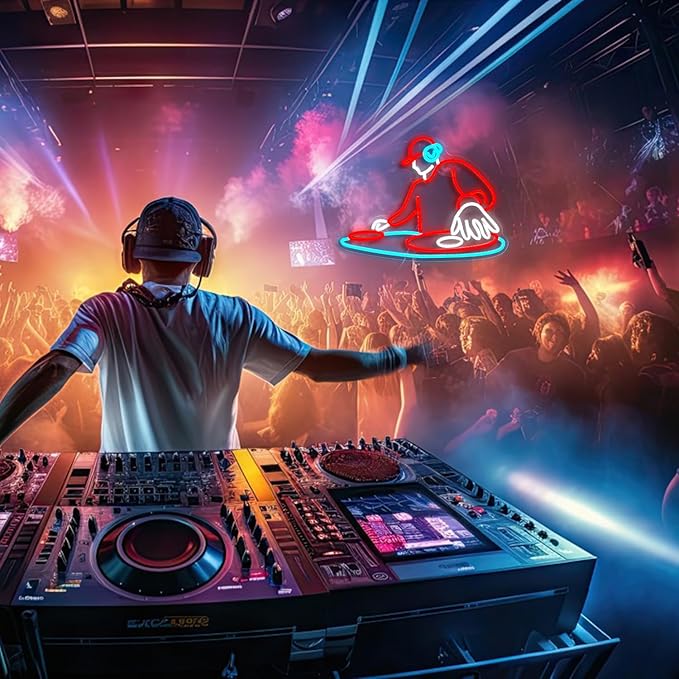 DJ Player Neon Sign Bar Neon Light Wall Decor 16.5 * 12.6 Inch LED DJ Light Up Sign for Bar Club Live Music Concert Bedroom Party Neon Decor (USB Dimmable)