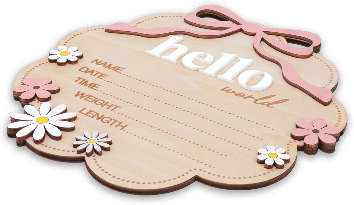 Hello World Wooden Baby Birth Announcement Sign with Pink Bow, Cloud Shape Floral Newborn Name Date Time Weight Length Board, Baby Girl Nursery Photo Prop (Light Pink)