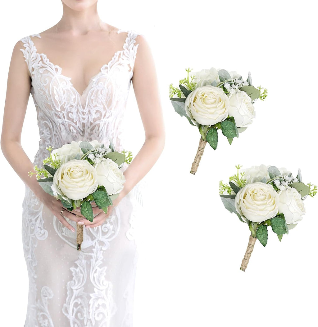 Bridesmaid Bouquets Set of 2 - Ivory White Artificial Flowers Bouquet for Bridesmaids Wedding Small Floral Centerpieces for Marriage Proposal Party Anniversary Dining Table Decor -7 Inch
