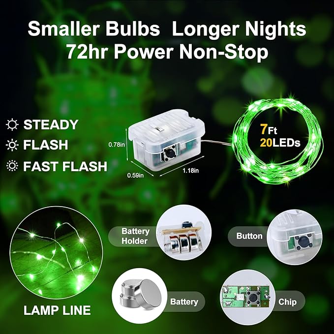 Aogist 24 Pack Fairy Lights 3 Modes 7ft 20 LED Waterproof,Battery Operated Silver Wire Firefly Starry Moon Mini String Lights for Mason Jars Christmas DIY Crafts Wedding Party Bedroom,Green