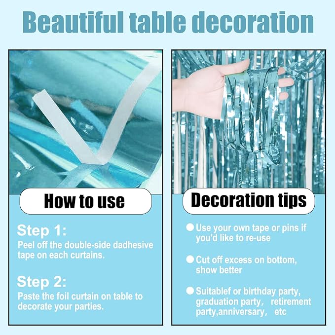 3 Pack 29 x108 Inch Light Blue Foil Fringe Table Skirts Metallic Banner for Tinsel Streamer Garland Backdrop for Parade Floats Wedding Thanksgiving Birthday Christmas New Year Party Decoration
