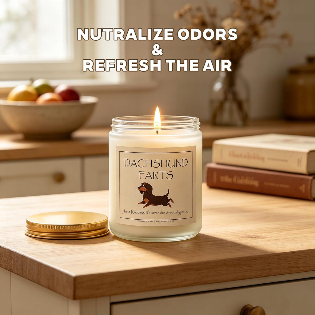 Funny Dachshund Gifts – 100% Soy Wax Scented Candle for Dachshund Lovers, Pet Safe Lavender & Eucalyptus, 50H Burn Time, Weiner Dog Gifts for Women, Unique Dachshund Decor – 7oz