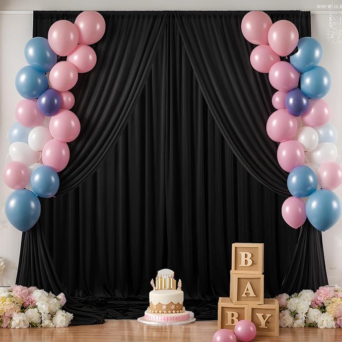 10×14ft Wrinkle Free Black Backdrop Curtain for Parties Wedding,2 Panels 5×14ft Height Soft Silky Polyester Photo Backdrop Drapes for Birthday Graduation Photography Stage Event Background Cloth