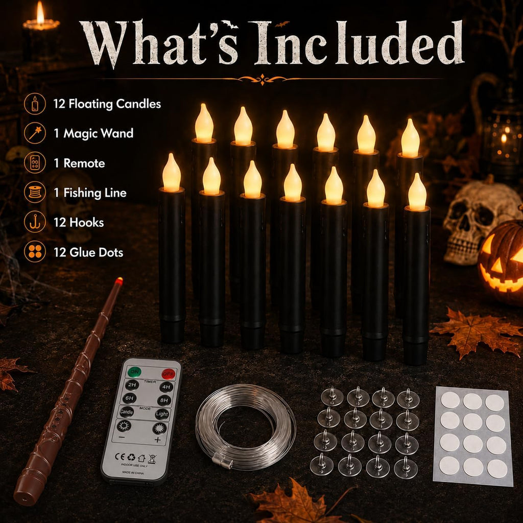Lezonic 12Pcs Floating Candles with Wand and Remote, Magic Black Flameless Candles Battery Operated, Flikering Hanging LED Taper Candlesticks Halloween Decorations, 0.8" x 6"