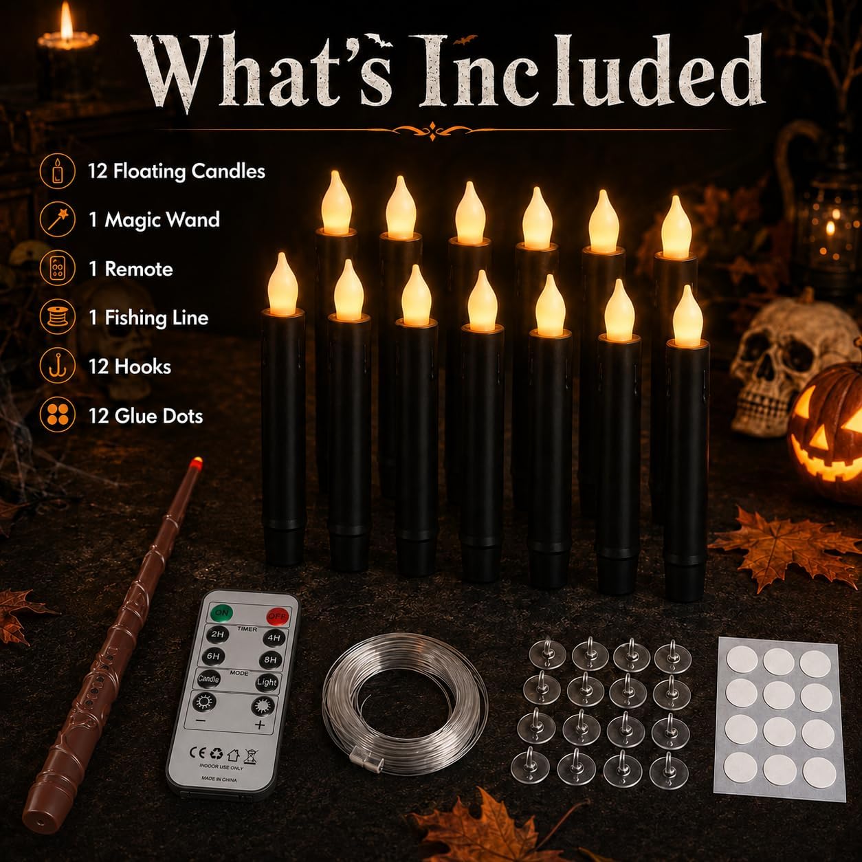 Lezonic 12Pcs Floating Candles with Wand and Remote, Magic Black Flameless Candles Battery Operated, Flikering Hanging LED Taper Candlesticks Halloween Decorations, 0.8" x 6"
