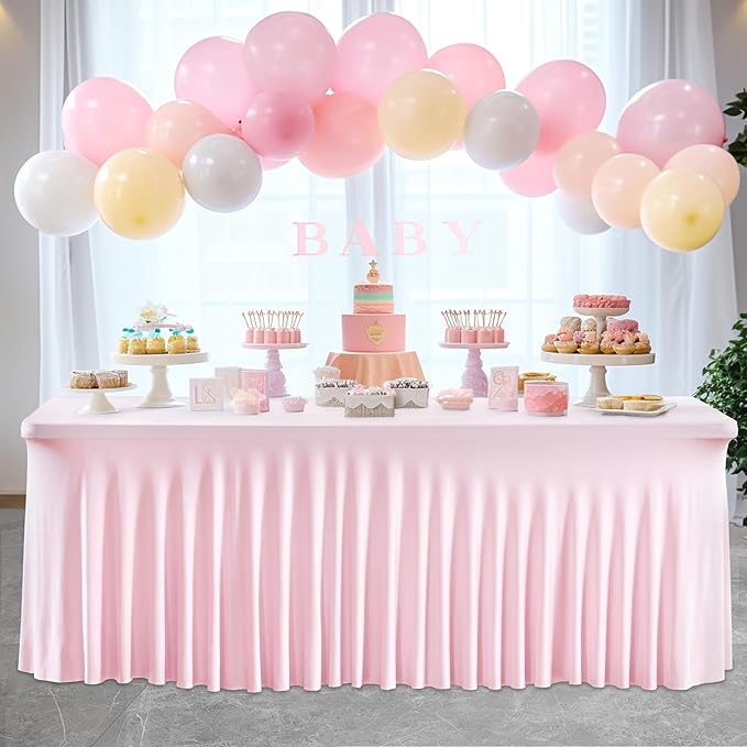 2 Pack Pink Spandex Table Clothes for 8 Foot Rectangle Tables, 8FT Wrinkle Free Fitted Tablecloths Ruffles Design Table Cover for Party, Banquet, Wedding and Events