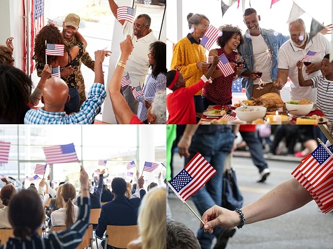 100pcs Small American Flags on Stick, Handheld 8 x 12 Inchs Mini American Flags with Kid-Safe Golden Spear Top, US Flags for 4th of July Decorations Outdoor, Independence Day Decorations