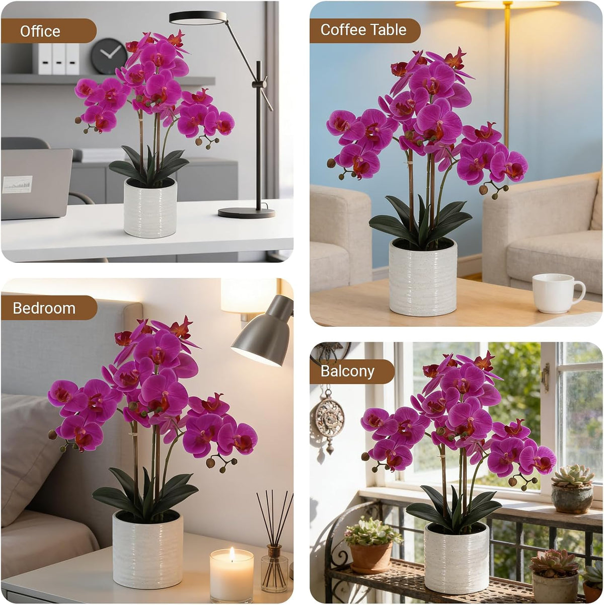 faux orchid plant 23" tall, realistic touch leaves, close-up detail