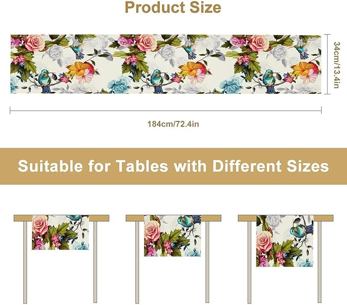 Hummingbird Table Runner,Vintage Floral Country Style Table Cloth Home Kitchen Restaurant Party Decoration 13x90 Inch