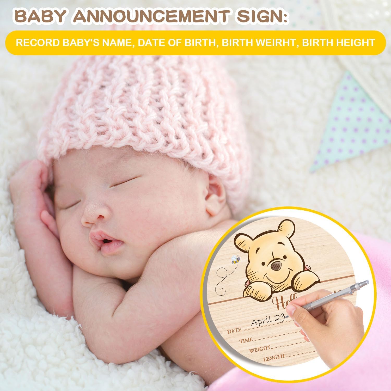 Winnie Baby Wooden Newborn Birth Sign, Winnie Hello World Newborn Signs, The Pooh Baby Announcement Sign, Double Sided Babies Name Plaques Photography Prop, Hello World for New Mom Babies