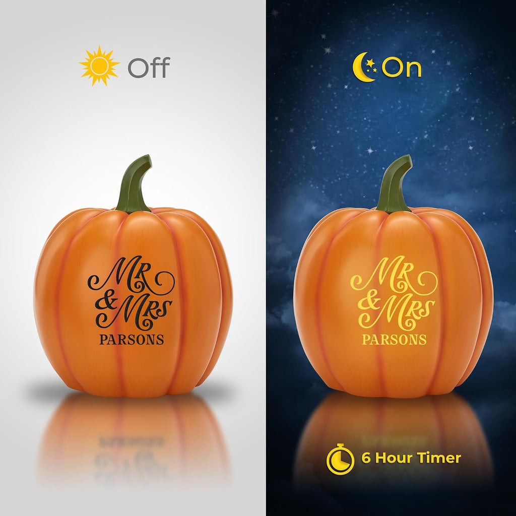 Let's Make Memories Personalized Light Up Pumpkin Decor - Celebrate Love - Fall Wedding Centerpiece - Laser-Engraved Resin with Names - Happy Couple - Orange - Large