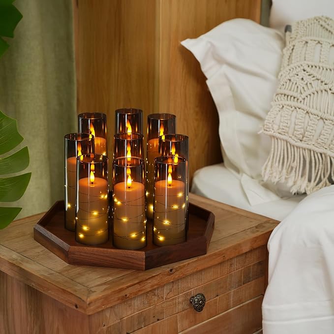 Raycare Flameless Candle with Remote Timer – 9 Flickering Acrylic Battery Operated LED Pillar Candles with Embedded Star String for Halloween, Fall Decor, Harvest Festival Gifts(Grey)