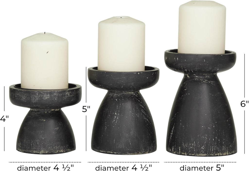 Deco 79 Wood Decorative Candle Holder Candle Stand, Set of 3 Candlestick Holder 6", 5", 4"H, Black