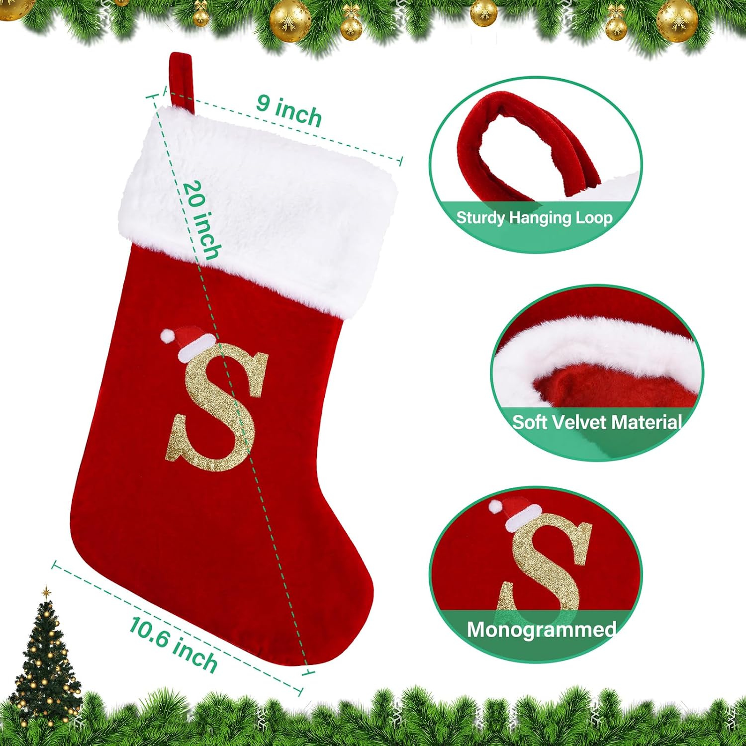 20 Inches Monogram Christmas Stockings with Letters, Large Super Soft Christmas Stockings Red Velvet with White Super Soft Plush Cuff for Christmas Xmas Tree Holiday Fireplace (S)