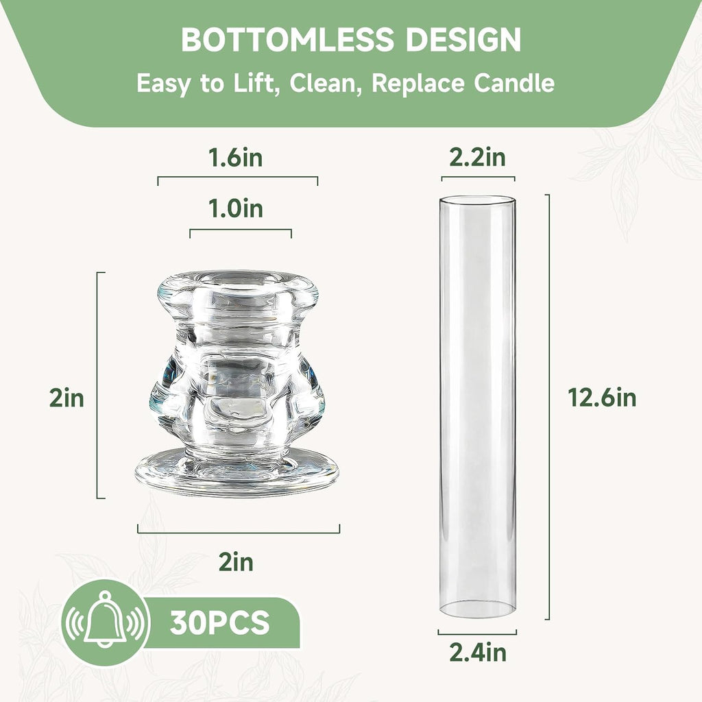 30 Pack Glass Hurricane Candle Holders 12.6" Open Ended Candlestick Holder Tubes Clear Bottomless Cylinders Suitable Taper LED Candles for Wedding Party Christmas Table Centerpiece Decor