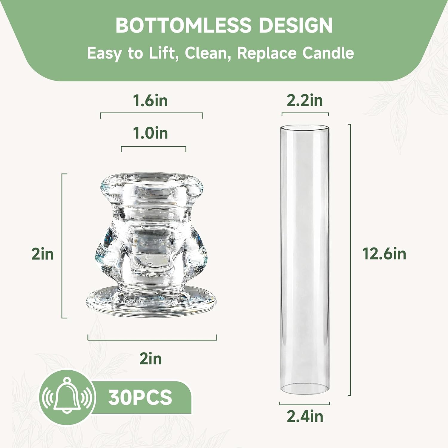30 Pack Glass Hurricane Candle Holders 12.6" Open Ended Candlestick Holder Tubes Clear Bottomless Cylinders Suitable Taper LED Candles for Wedding Party Christmas Table Centerpiece Decor
