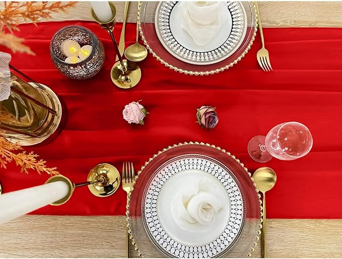 EHLDekol Chiffon Table Runners Romantic Sheer Wedding Table Runner Top Table Bridal Party Decoration (Red, 10ft, 10Pack)