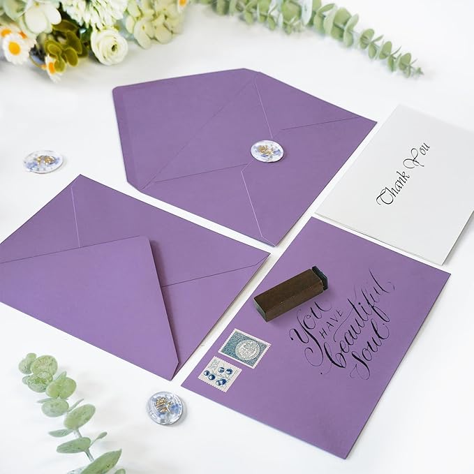 50 Pack 5x7 Envelopes Letter Size, Purple A7 Envelopes Self Seal for Wedding Invitation, Envelope 5.4x7.6 for Greeting Cards, Photos, Baby Shower, Graduation, Thank You Cards, Announcements
