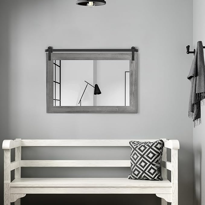 COGOOD Farmhouse Barn Door Mirror - 29" x 22" Rustic Wood Framed Wall Mirror for Bathroom, Living Room, Entryway Wall Decor (Grey)