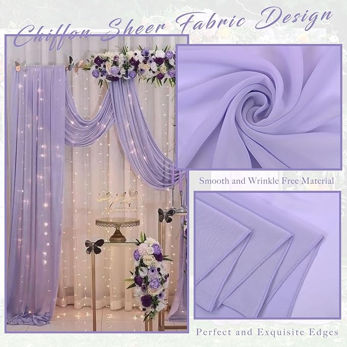 Wedding Arch Draping Fabric 2 Panels 20Ft Length x 28" Width Lilac Arch Drapes Chiffon Fabric Sheer Curtains Backdrop for Party Ceremony Decor Wedding Outdoor Indoor Stage Reception Decorations