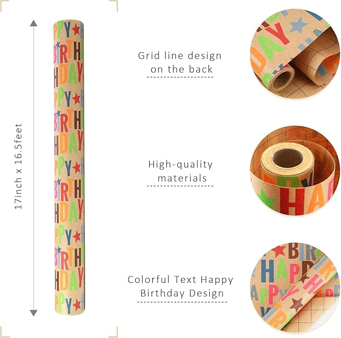 LaRibbons Birthday Wrapping Paper Roll for Kids, 17 Inch x 16.5 Feet Kraft Gift Wrap Paper with Colorful Text Happy Birthday Pattern for Boys Holiday Party