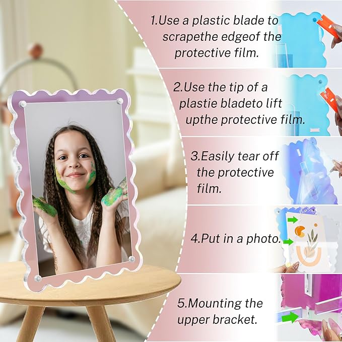 Acrylic Picture Frames 3 Pack 4x6 inch Scalloped Iridescent with Detachable Stand, Vertical and Horizontal Tabletop Display, Magnetic Photo Frames for Café/Home/Weeding/Party