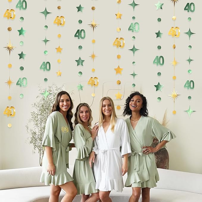 Sage Green Gold 40th Birthday Decorations Number 40 Circle Dot Twinkle Star Garland Streamer Banner Backdrop for Women Mens Cheers to 40 Years Old Birthday Happy 40th Anniversary Party Supplies