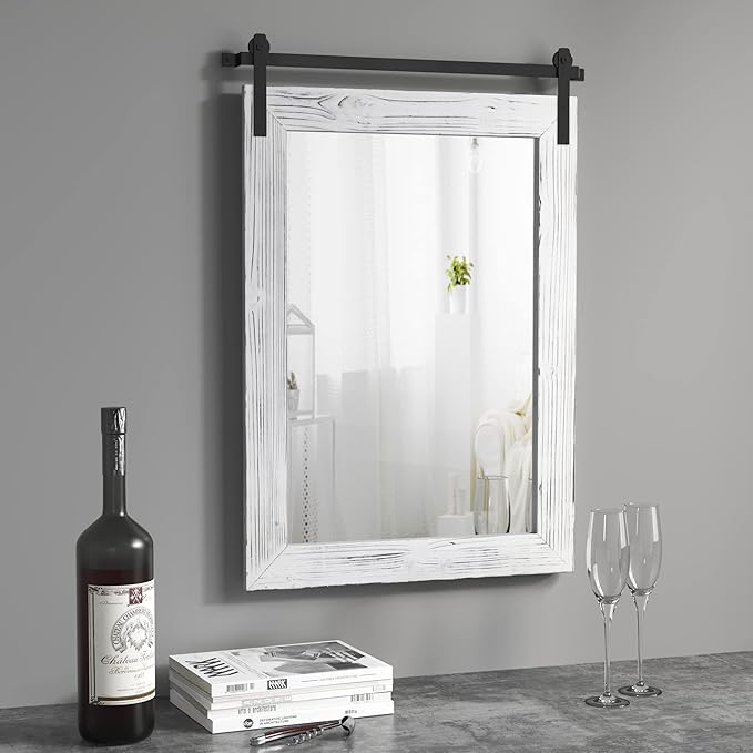 COGOOD Farmhouse Barn Door Mirror - 26" X 17" Rustic Wood Framed Wall Mirror for Bathroom, Living Room, Entryway Wall Decorative (White)
