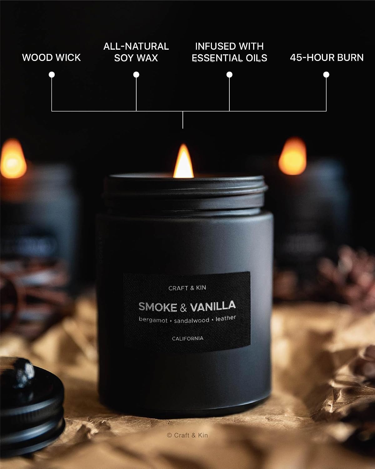 Craft & Kin Premium Smoke & Vanilla Scented Candle – Long Lasting, 45 Hour Burn Time – Luxury Black Natural Soy Scented Candle for Men with Wood Wick – Room Decor and Aromatherapy – 7.6 oz