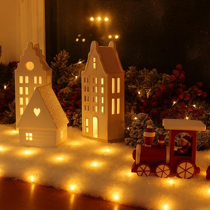 VIHOSE Christmas Snow Blanket with LED Lights String Pre Lit Artificial Fake Snow Blanket Roll Lighted Table Runner for Christmas Tree Village Display Winter Holiday Decor(Warm Light,59'' X 16'')