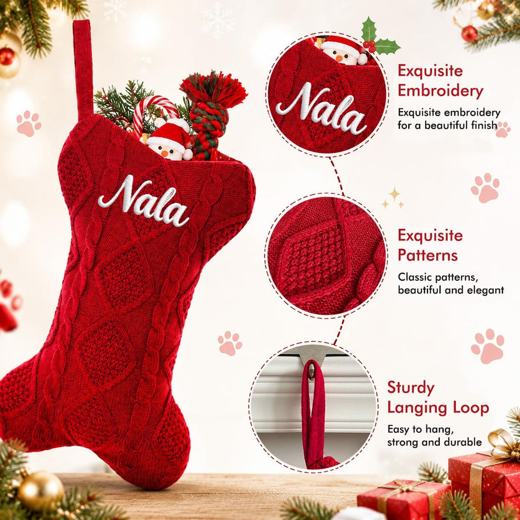 Ulico Custom Pet Stocking Christmas, Personalized Christmas Stocking for Dogs, Bone Shape Stocking Christmas Large Pet Stockings Hanging Dog Christmas Stocking for Dogs Cats Pets (1 Pcs)