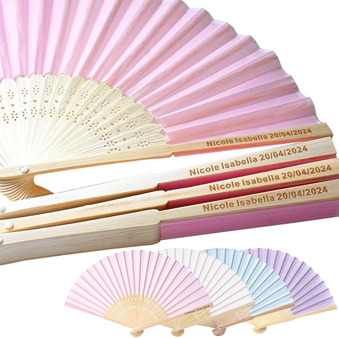 70 Pcs Personalized Pink Wedding Folding Fans for Guests, Custom Engraved Summer Wedding Fans, Folded Hand Fans for Wedding Favors, Vintage Silk Handheld Fans for Bridal Shower Decorations