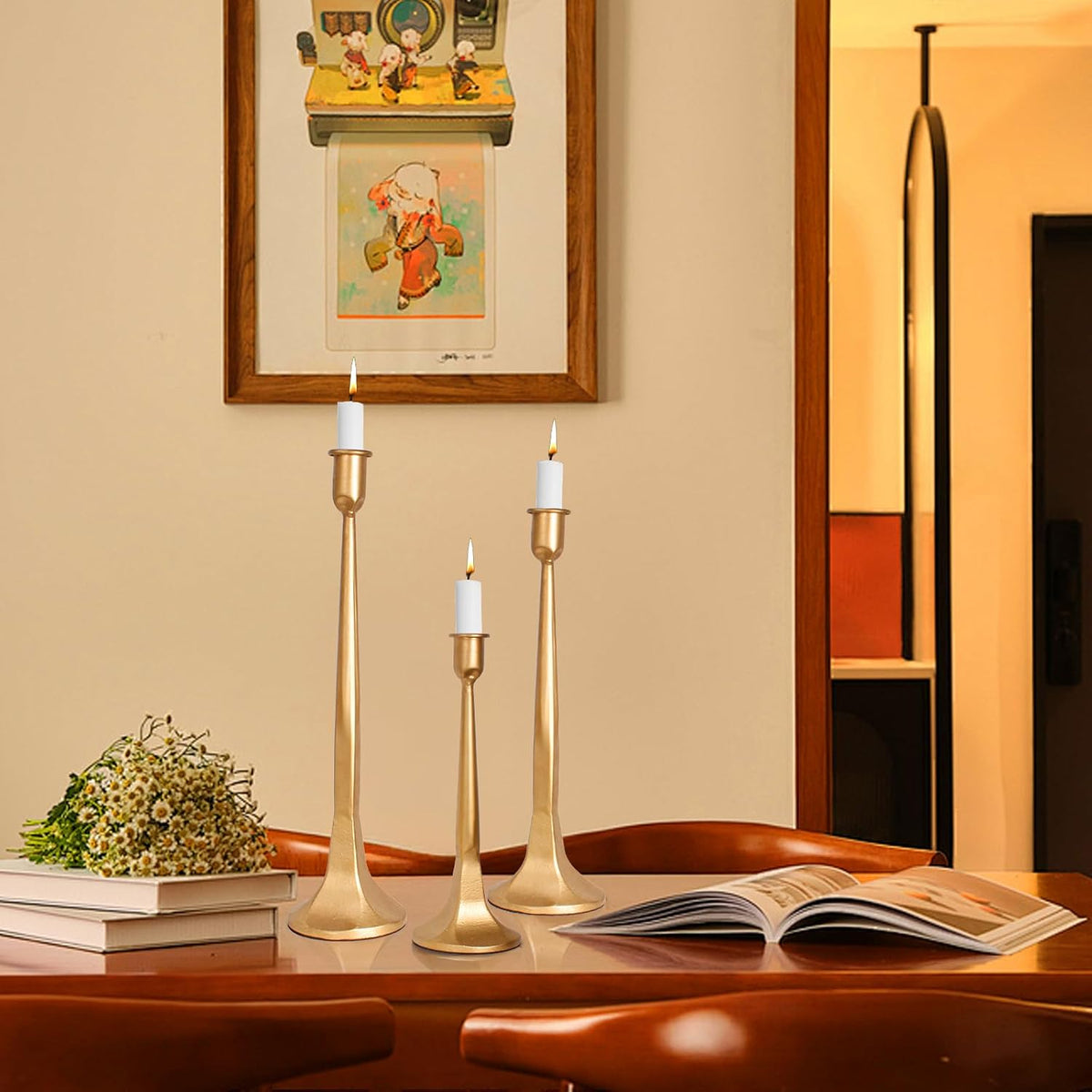 Golden Taper Candle Holders Set of 3, Tall Candlesticks