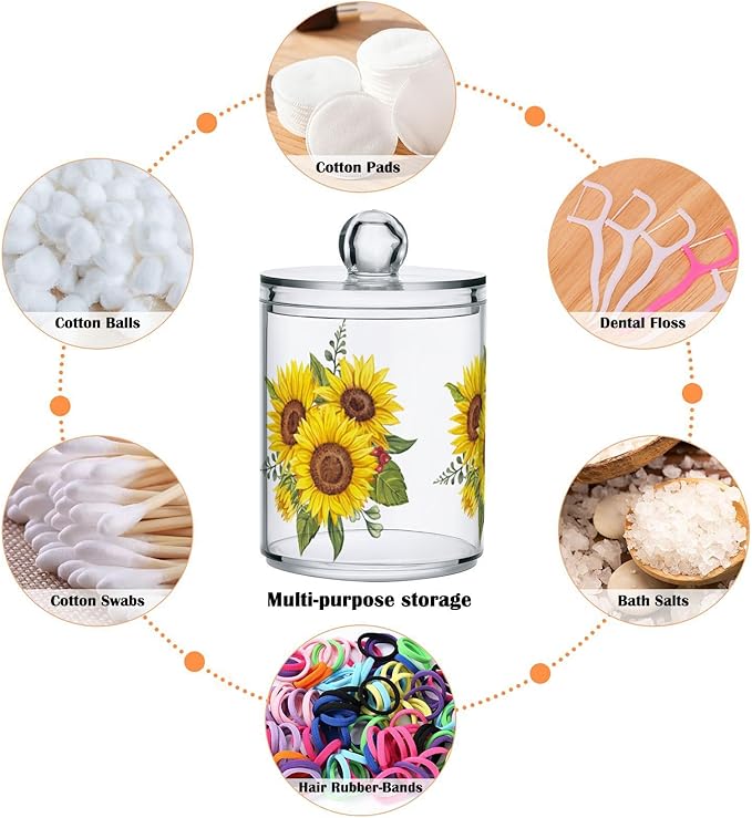Gredecor Qtip Holder Dispenser 4 Pack Yellow Watercolor Sunflowers Apothecary Jars with Lids Bathroom Vanity Countertop Canister Storage Organizer for Cotton Ball,Swabs,Pads,Floss