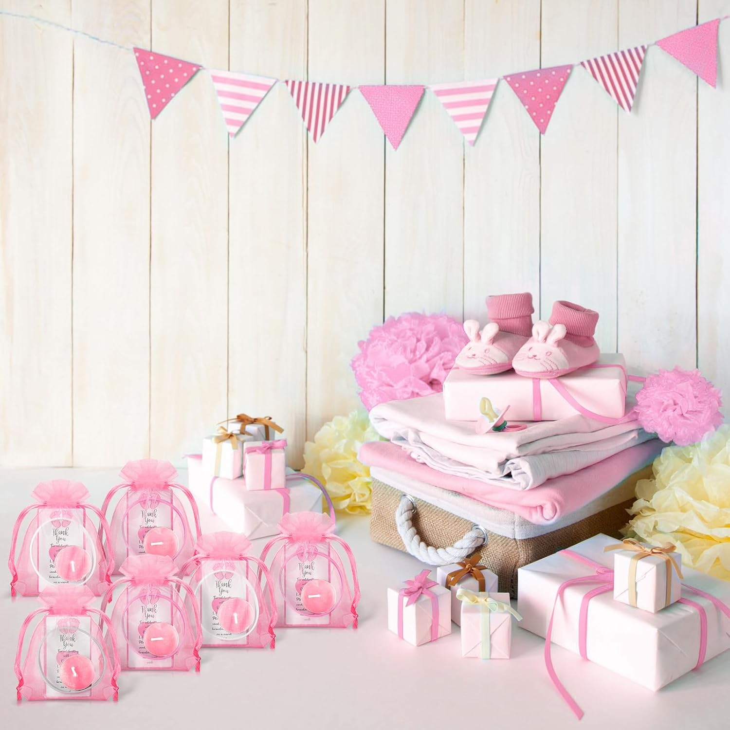 MTLEE 50 Sets Baby Shower Favors Tea Light Candles for Guests Cute Baby Shower Decorations with 50 Cards and 50 Organza Bags and 50 Silicone Bracelets for Boys Girls Gender Reveal (Pink,Cute)
