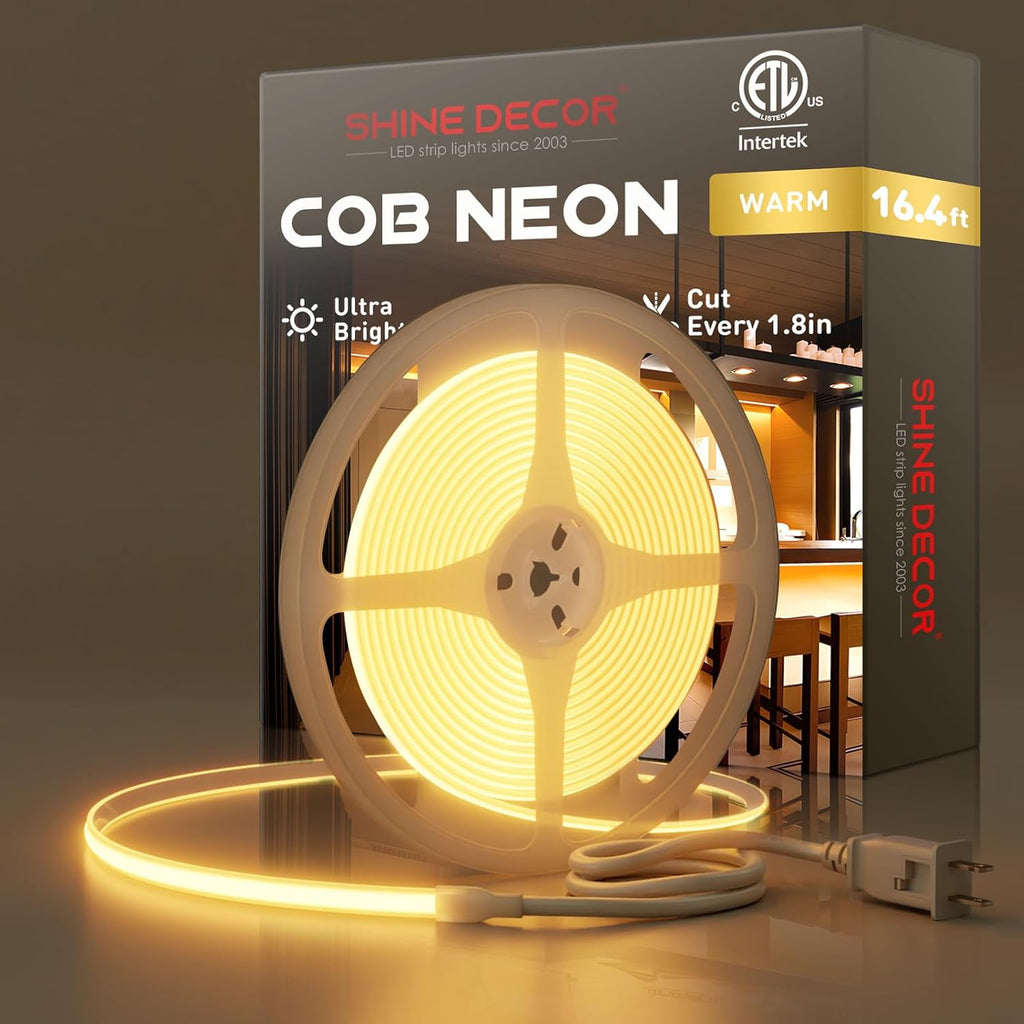 Shine Decor COB LED Rope Light AC 120V, 800lm Ultra Bright, IP65 Waterproof Cold-Resistant ETL Neon Strip, No Driver Tape Lighting for Home Commercial 10x4.5mm, 2800K Warm White, 16.4ft