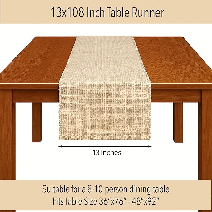 Chardin home Natural Jute Table Runner 13x108 Inch – Vintage Boho Rustic Table Decor – Handwoven Long Table Runner in Natural Jute and Ivory – Farmhouse Dining or Console Table Accent