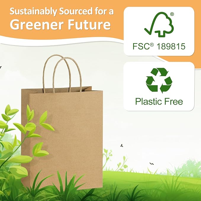BagDream 50Pcs Gift Bags 8x4.25x10.5 Kraft Paper Gift Bags with Handles Bulk, for Shopping, Retail, Merchandise, Party Favor, Wedding, Birthday Brown Paper Sacks