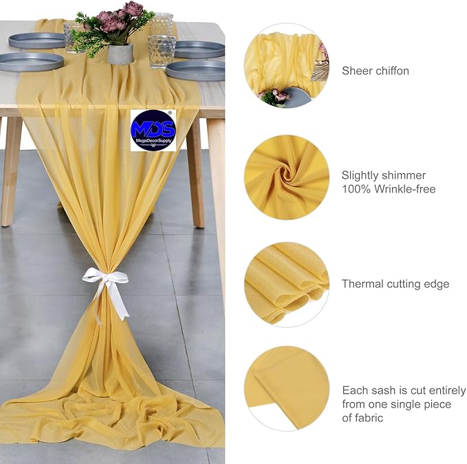 MDS Halloween Chiffon Table Runner - 25 Pack, 29 x 170 Inches, 14ft Each - Sheer Spooky Table Runners for Haunted House Parties, Trick-or-Treat Tables, Witchy Décor, Wedding & Events - Gold